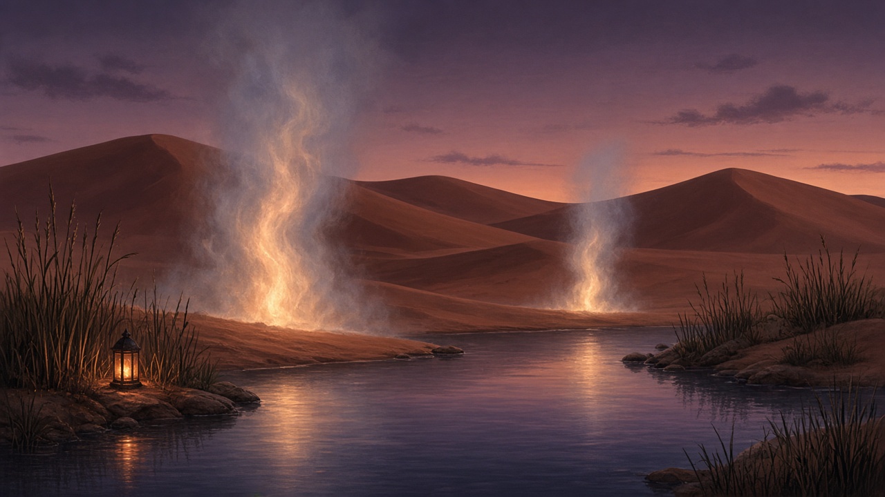 Dusk oasis with mist, firelight, and still water among dunes