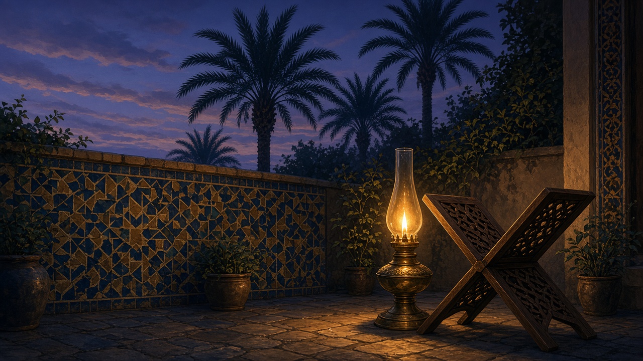 Dusk courtyard lamp beside an empty wooden book stand