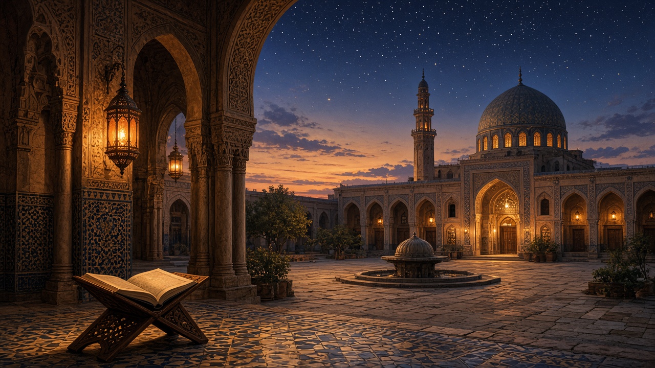 Lantern-lit mosque courtyard at dusk with an open book