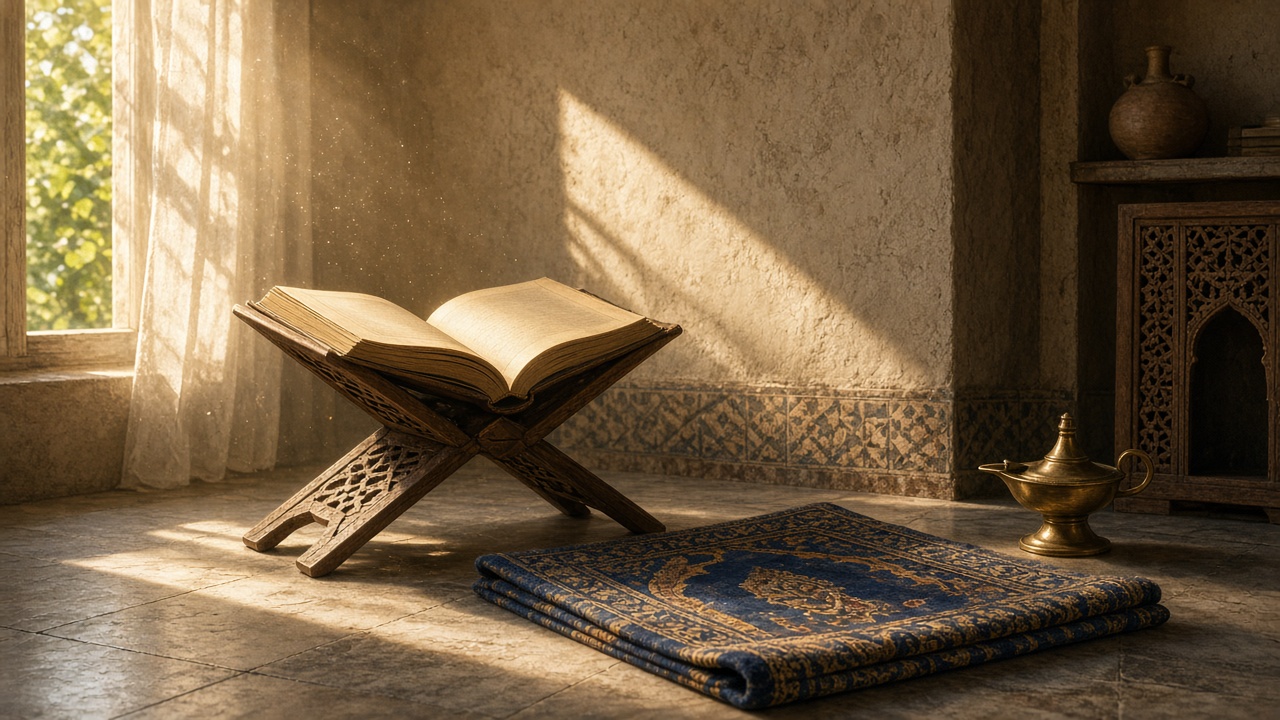 Sunlit room with an open book on a wooden stand