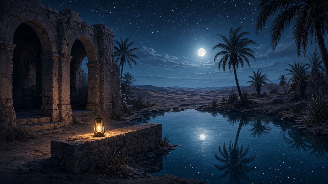 Moonlit oasis courtyard with lantern and still water