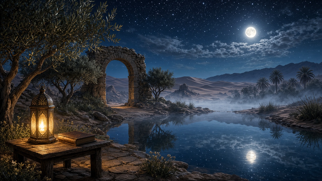 Lantern light by a still oasis under a starry desert night
